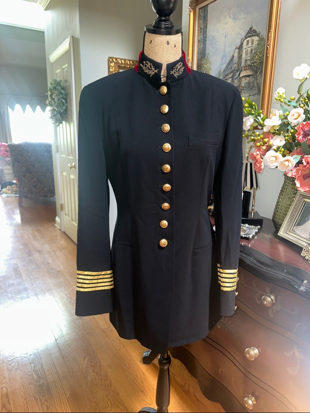 RARE DKNY Black Military-Style Blazer with Gold Buttons + Red Embroidered Collar